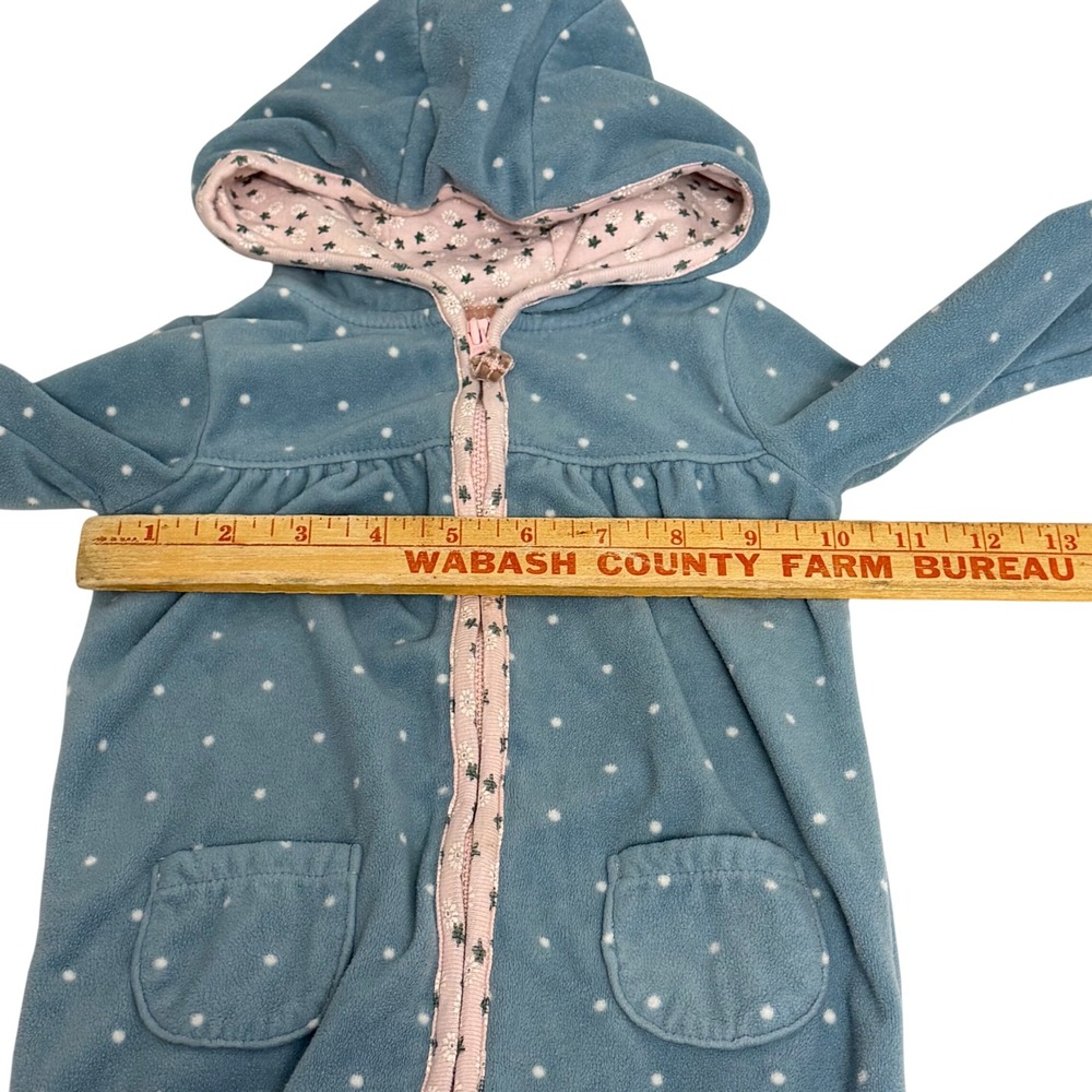 Carters Baby Girl 18M Blue Polka Dot Fleece Hooded Jumpsuit Romper Cat Back Zip - Picture 3 of 8